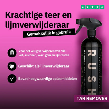 Een zwarte spuitfles met teerverwijderaar tegen een paarse achtergrond met Nederlandse tekst voor teer verwijderen en lijmverwijderaar.