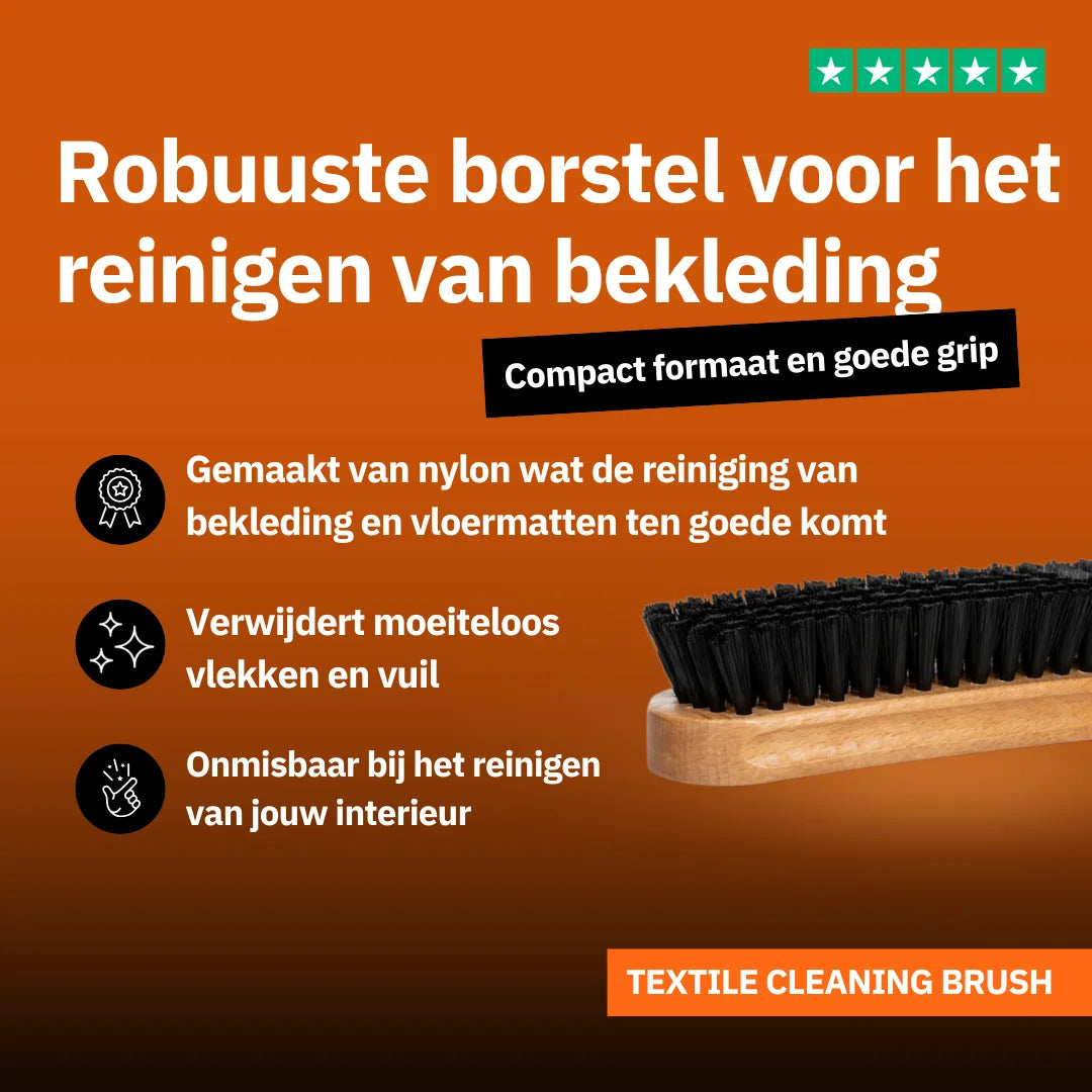 Textielreinigingsborstel met zwart nylon borstelharen en houten handvat, ideaal voor auto interieur reinigen, afgebeeld op een oranje achtergrond met Nederlandse tekst.