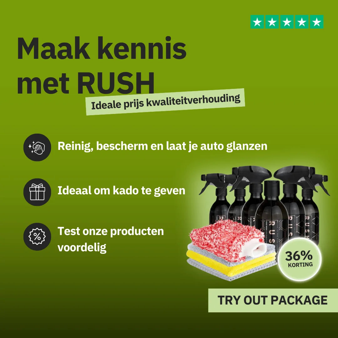 Promotional image for the Try Out Package—featuring RUSH spray bottles, autoshampoo, cleaning cloths, and velgenreiniger—showcases protection, shine, makes a great gift, and offers a 36% discount on a green background.