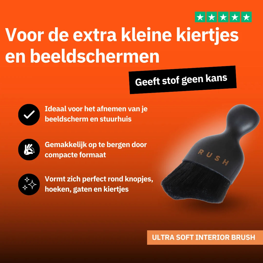 Een zwarte RUSH interieurborstel met nanovezel borstelharen, voordelen in het Nederlands, weergegeven op een oranje achtergrond.