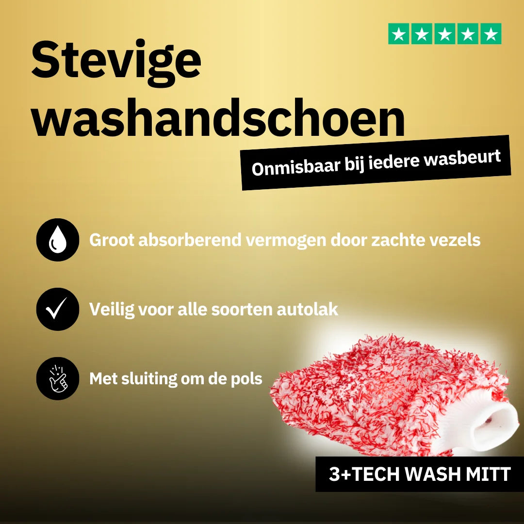 Een microvezel washandschoen met groot absorberend vermogen op een gouden achtergrond, met de opmerking dat het autolak veilig is voor alle laksoorten.