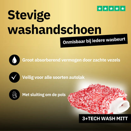 Een microvezel washandschoen met groot absorberend vermogen op een gouden achtergrond, met de opmerking dat het autolak veilig is voor alle laksoorten.
