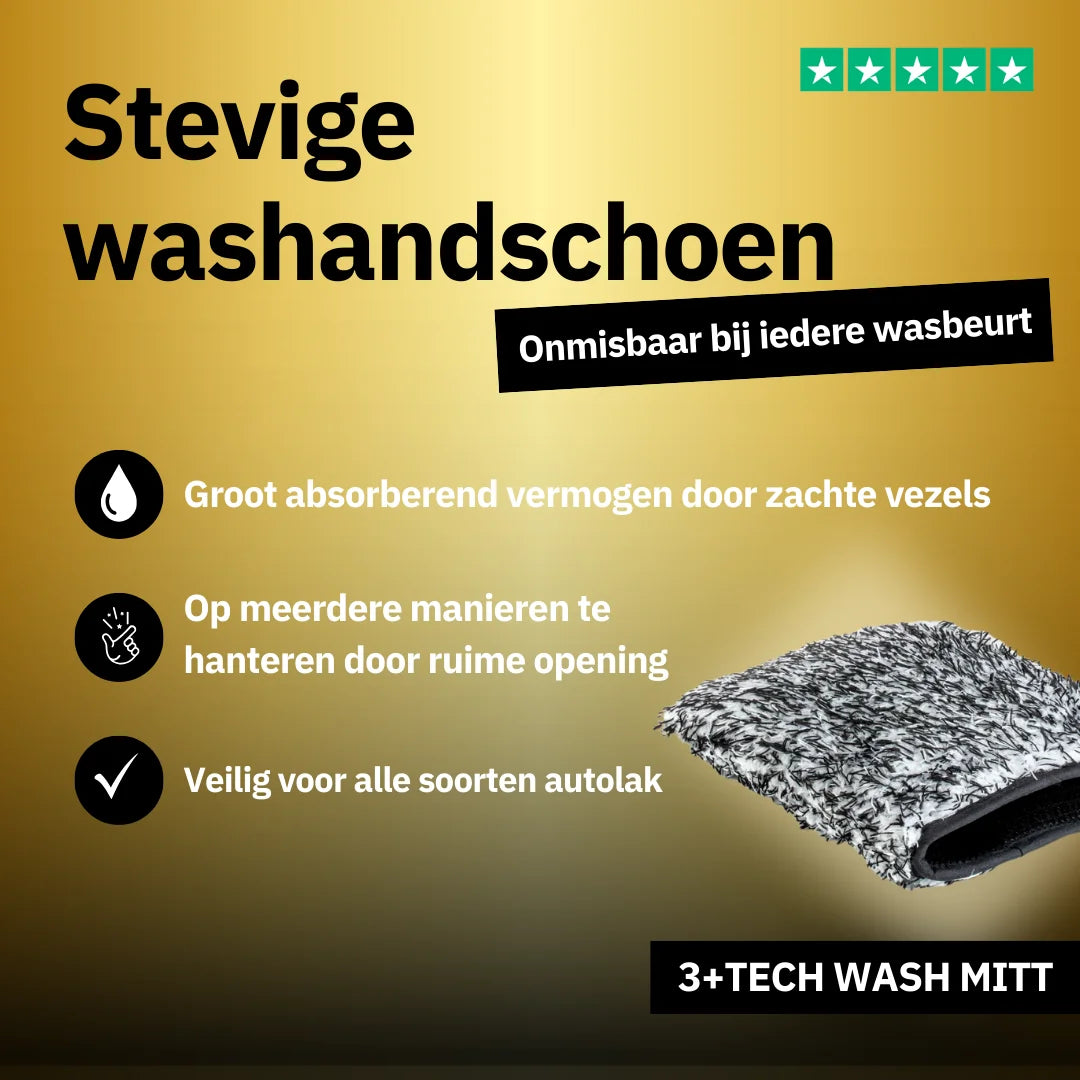 Advertentie voor een stevige microvezel washandschoen met groot absorberend vermogen-ideaal om veilig autolak te reinigen; foto van de handschoen, tekst in het Nederlands.