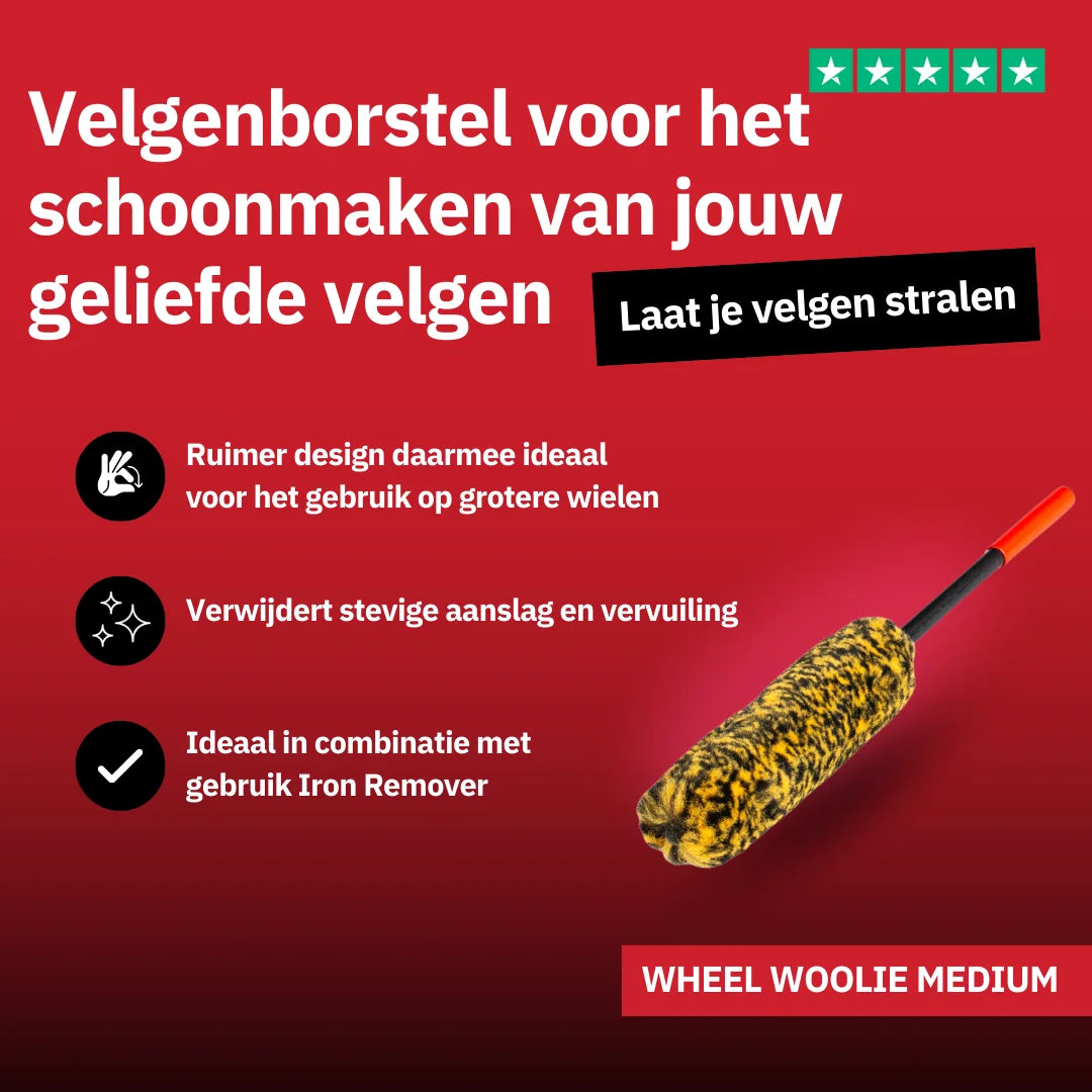 Een geel met zwarte velgenborstel met een rood handvat is afgebeeld op een rode achtergrond, met Nederlandse tekst over deze Wheelie Medium.