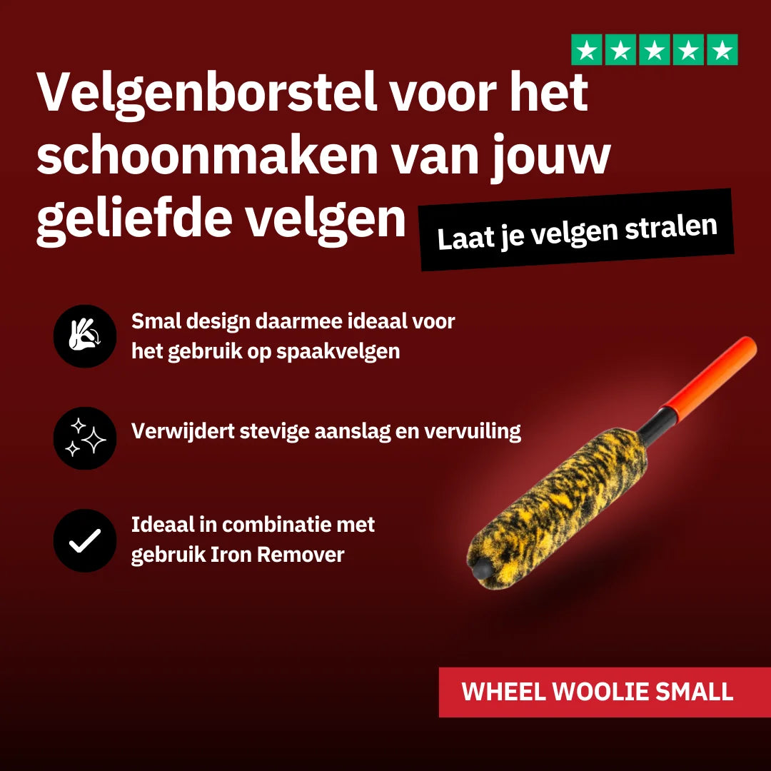 Een promotie-afbeelding voor de Wheel Woolie Small, de ideale smalle velgenborstel voor spaakvelgen. De Nederlandstalige tekst benadrukt slank design, effectieve vuilverwijdering en gebruik met Iron Remover.