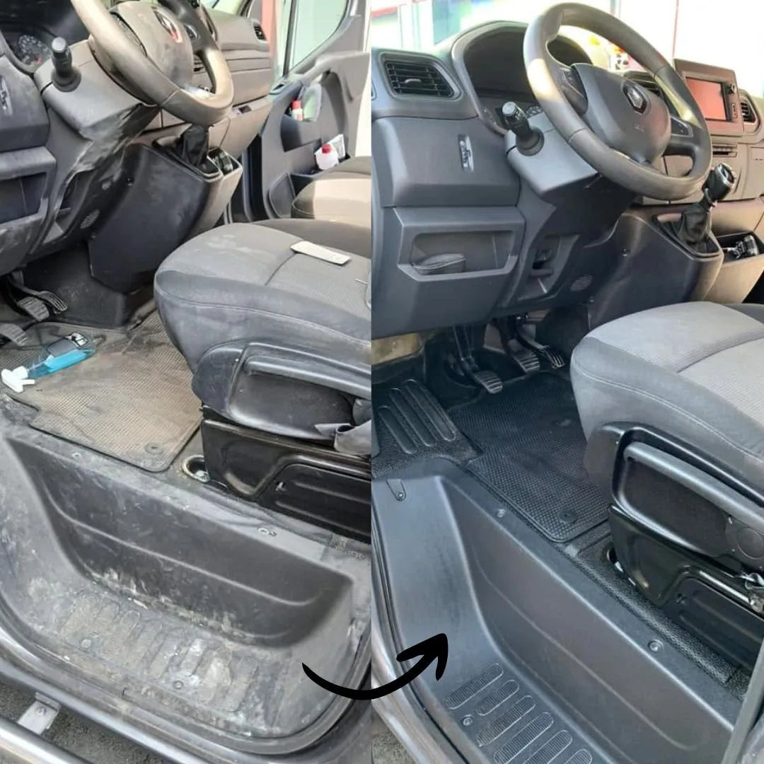 Zij-aan-zij vergelijking van een auto-interieur voor en na interieur reinigen, met de nadruk op vlekkeloze stoelen en vlekken verwijderen auto.