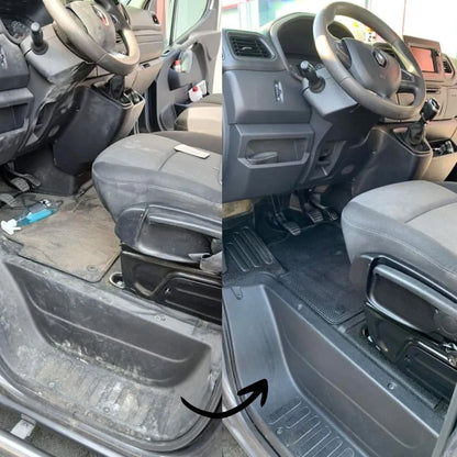 Zij-aan-zij vergelijking van een auto-interieur voor en na interieur reinigen, met de nadruk op vlekkeloze stoelen en vlekken verwijderen auto.
