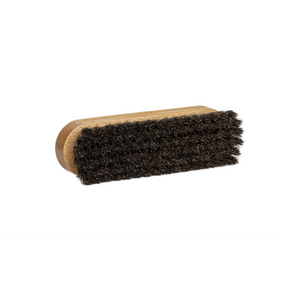 The Leather Cleaning Brush features a wooden handle and densely packed dark paard hair bristles, displayed against a white background.